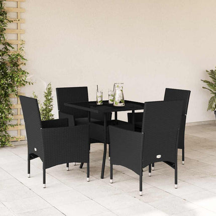 Matgrupp för trädgård med dynor 5 delar svart konstrotting&glas