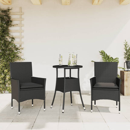 Matgrupp för trädgård med dynor 3 delar svart konstrotting&glas
