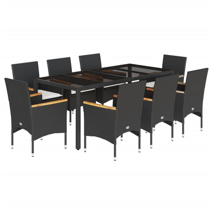 Matgrupp för trädgård med dynor 9 delar svart konstrotting&glas