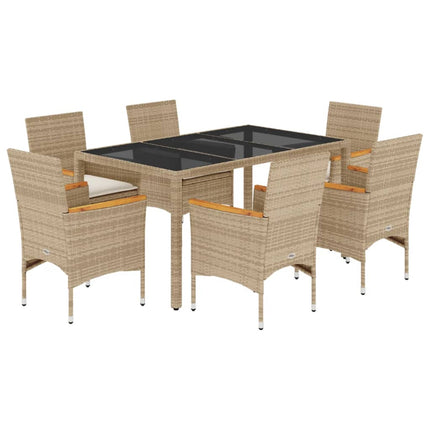 Matgrupp för trädgård med dynor 7 delar beige konstrotting&glas