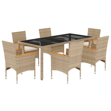 Matgrupp för trädgård med dynor 7 delar beige konstrotting&glas
