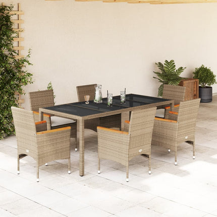 Matgrupp för trädgård med dynor 7 delar beige konstrotting&glas