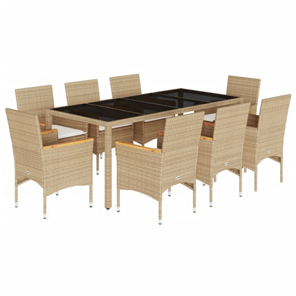 Matgrupp för trädgård med dynor 9 delar beige konstrotting&glas