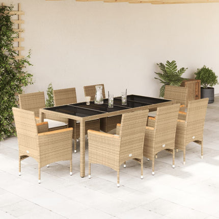 Matgrupp för trädgård med dynor 9 delar beige konstrotting&glas