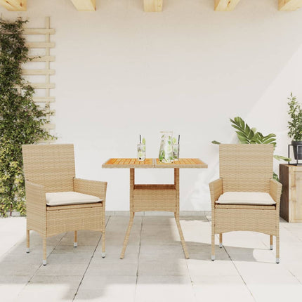 Matgrupp för trädgården 3 delar med dynor beige konstrotting