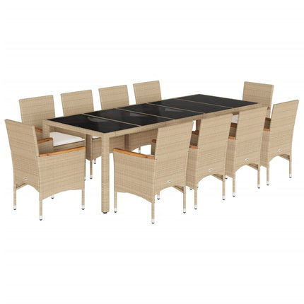 Matgrupp för trädgård med dynor 11delar beige konstrotting&glas
