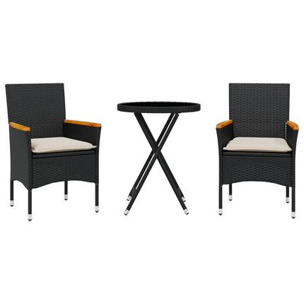 Bistrogrupp med dynor 3 delar svart konstrotting och glas