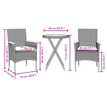 Bistrogrupp med dynor 3 delar svart konstrotting och glas