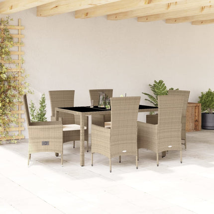 Matgrupp för trädgården med dynor 7 delar beige konstrotting