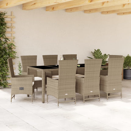 Matgrupp för trädgården med dynor 9 delar beige konstrotting