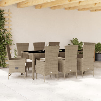 Matgrupp för trädgården med dynor 9 delar beige konstrotting
