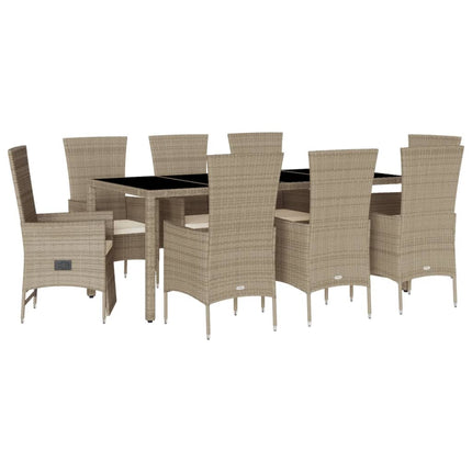 Matgrupp för trädgården med dynor 9 delar beige konstrotting