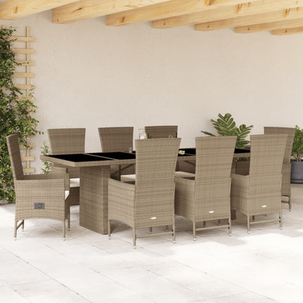 Matgrupp för trädgården med dynor 9 delar beige konstrotting