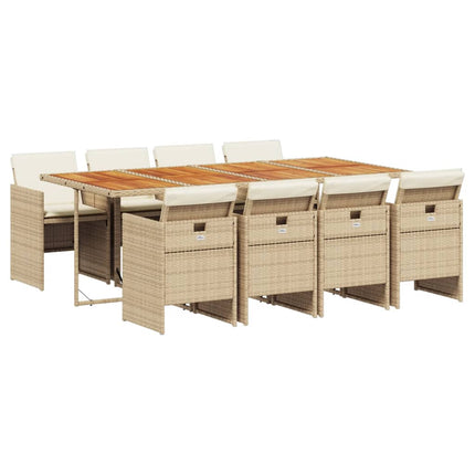 Matgrupp för trädgården med dynor 9 delar beige konstrotting