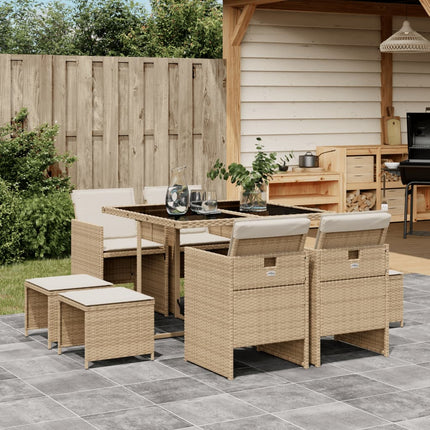 Matgrupp för trädgården med dynor 9 delar beige konstrotting