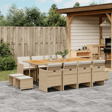 Matgrupp för trädgården med dynor 13 delar beige konstrotting