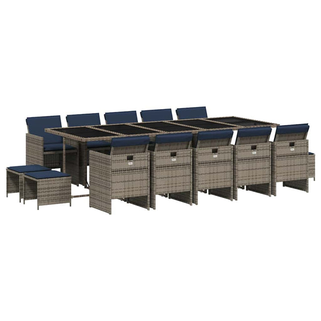 15 delar trädgårdsmatgrupp med dynor grå polyrotting