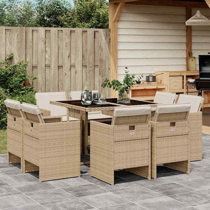 Matgrupp för trädgården med dynor 9 delar beige konstrotting