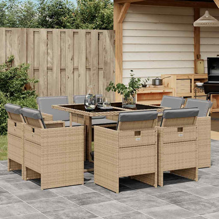 Matgrupp för trädgården med dynor 9 delar mixbeige konstrotting