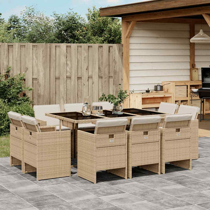 Matgrupp för trädgården med dynor 11 delar beige konstrotting