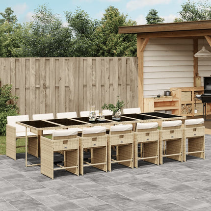 Matgrupp för trädgården med dynor 13 delar beige konstrotting