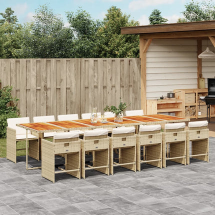 Matgrupp för trädgården med dynor 13 delar beige konstrotting