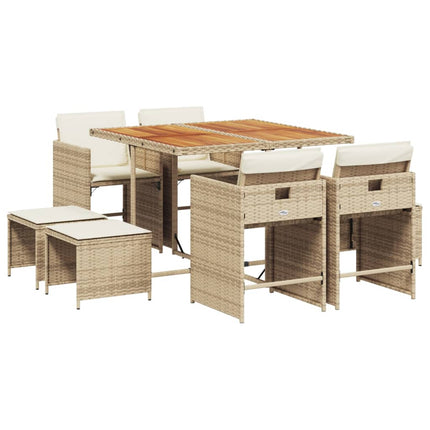 Matgrupp för trädgården med dynor 9 delar beige konstrotting