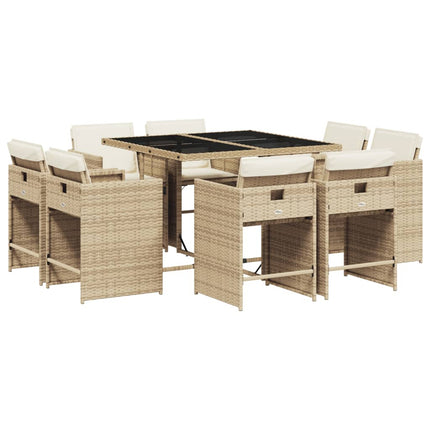 Matgrupp för trädgården med dynor 9 delar beige konstrotting