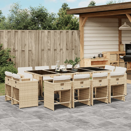 Matgrupp för trädgården med dynor 13 delar beige konstrotting
