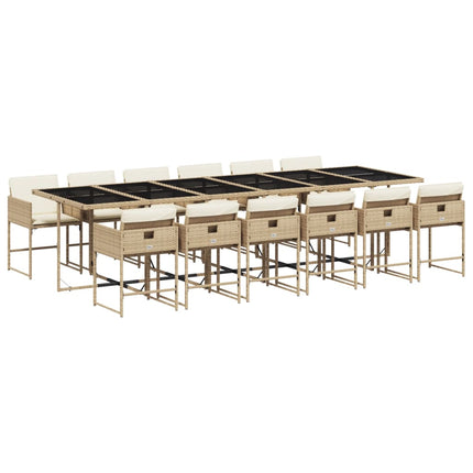 Matgrupp för trädgården med dynor 13 delar beige konstrotting