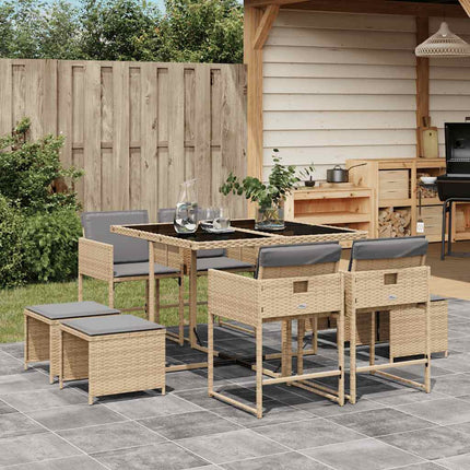 Matgrupp för trädgården med dynor 9 delar mixbeige konstrotting