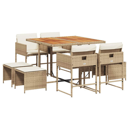 Matgrupp för trädgården med dynor 9 delar beige konstrotting