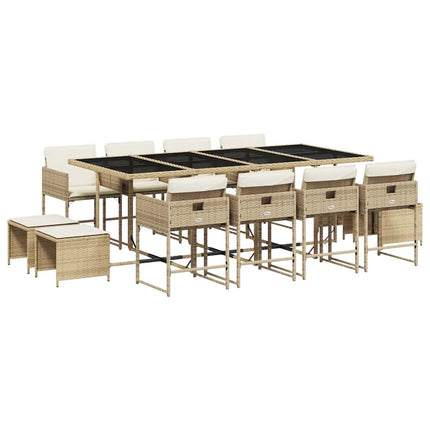 Matgrupp för trädgården med dynor 13 delar beige konstrotting