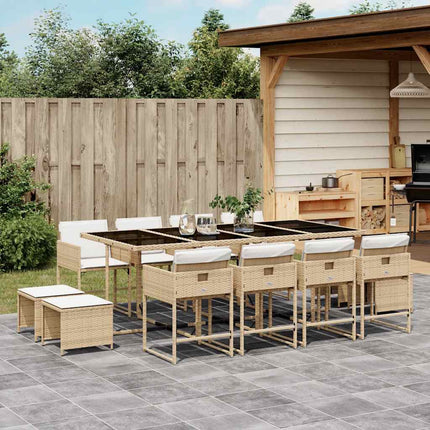 Matgrupp för trädgården med dynor 13 delar beige konstrotting
