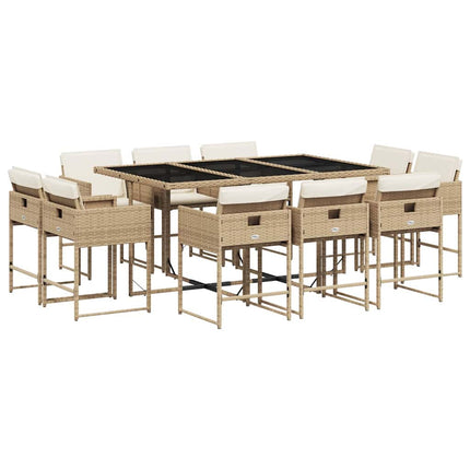 Matgrupp för trädgården med dynor 11 delar beige konstrotting