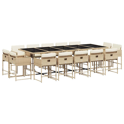 Matgrupp för trädgården med dynor 15 delar beige konstrotting