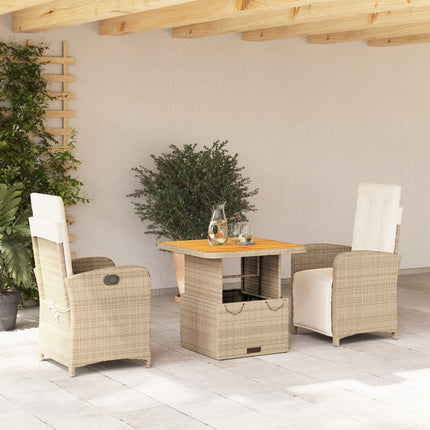 Matgrupp för trädgården 3 delar med dynor beige konstrotting