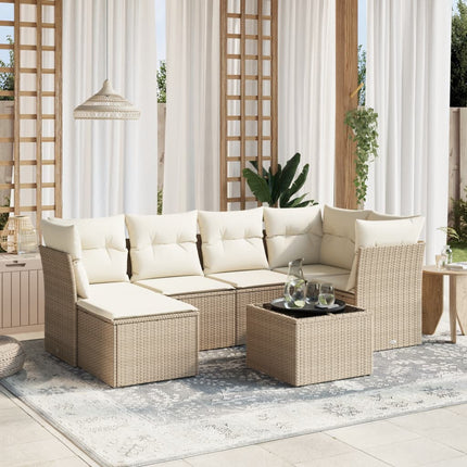 Matgrupp för trädgården med dynor 7 delar beige konstrotting