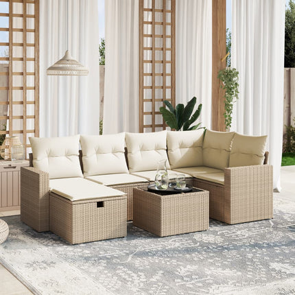 Matgrupp för trädgården med dynor 7 delar beige konstrotting