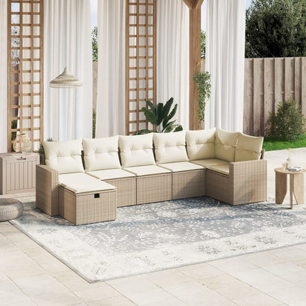 Matgrupp för trädgården med dynor 7 delar beige konstrotting