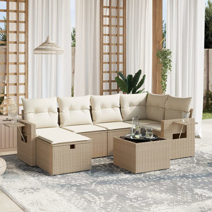 Matgrupp för trädgården med dynor 7 delar beige konstrotting