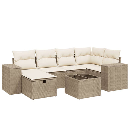 Matgrupp för trädgården med dynor 7 delar beige konstrotting