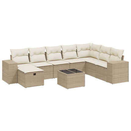 Soffgrupp för trädgården med dynor 9 delar beige konstrotting