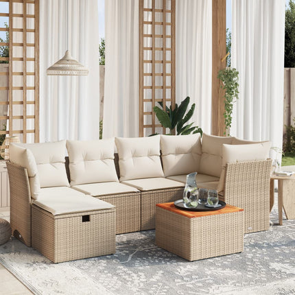 Matgrupp för trädgården med dynor 7 delar beige konstrotting
