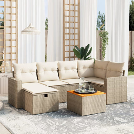 Matgrupp för trädgården med dynor 7 delar beige konstrotting