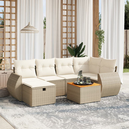 Matgrupp för trädgården med dynor 7 delar beige konstrotting