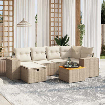 Matgrupp för trädgården med dynor 7 delar beige konstrotting
