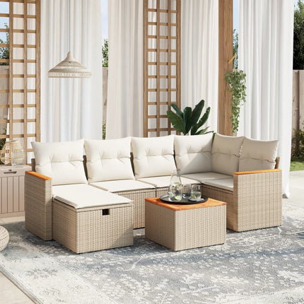 Matgrupp för trädgården med dynor 7 delar beige konstrotting