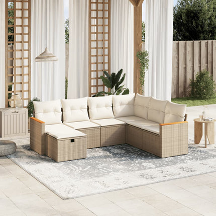Matgrupp för trädgården med dynor 7 delar beige konstrotting
