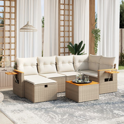 Matgrupp för trädgården med dynor 7 delar beige konstrotting